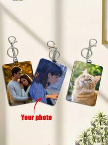 Customizable Vertical Card Holder, Personalized Double-Sided Photo Design White Card Holder, DIY Card Holder, Personalized Card Holder, Couple Card Holder, Customized Gift, Customized Work Card Holder, Customized Campus Card Holder, Student Card Holder, Customized Bus Card Holder, Includes White Leather Keychain Or Retractable Clip - Multicolor - View 2