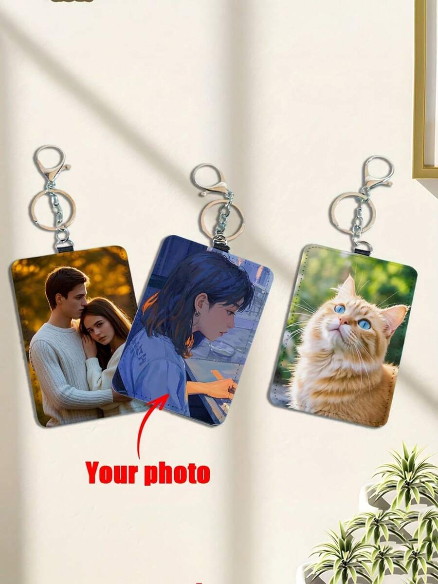 Customizable Vertical Card Holder, Personalized Double-Sided Photo Design White Card Holder, DIY Card Holder, Personalized Card Holder, Couple Card Holder, Customized Gift, Customized Work Card Holder, Customized Campus Card Holder, Student Card Holder, Customized Bus Card Holder, Includes White Leather Keychain Or Retractable Clip