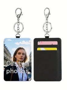 Customizable Vertical Card Holder, Personalized Double-Sided Photo Design White Card Holder, DIY Card Holder, Personalized Card Holder, Couple Card Holder, Customized Gift, Customized Work Card Holder, Customized Campus Card Holder, Student Card Holder, Customized Bus Card Holder, Includes White Leather Keychain Or Retractable Clip - Multicolor - View 8