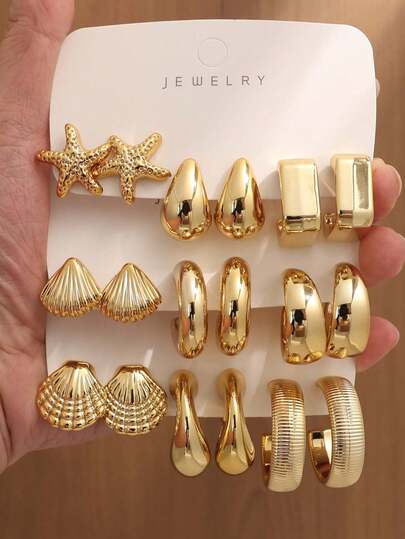6/18pcs Fashionable Starfish & Shell Metallic Gold Tone Earring Set, Women Elegant Earring Jewelry Set, Suitable For Daily Wear