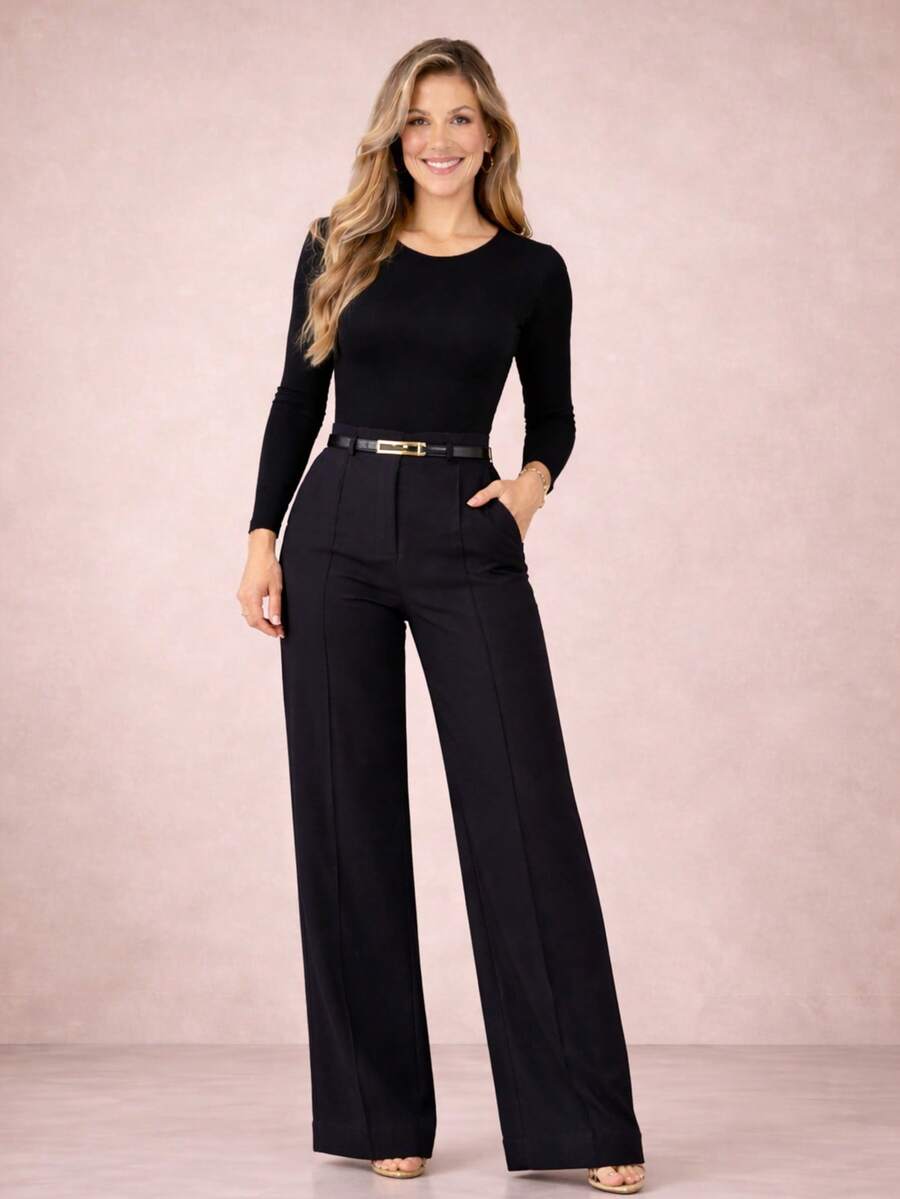 Women's Tailored Trousers With Belt, Super Comfortable - 黑色 - 查看 1