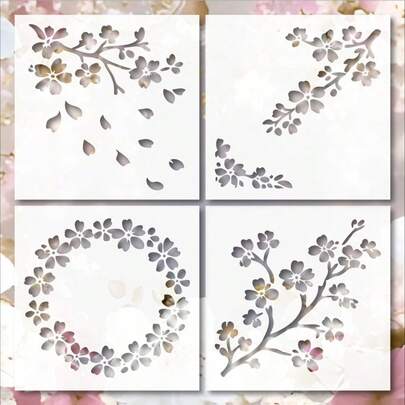 4 件装可重复使用的樱花图案绘画模板，适用于家具、布料、DIY 手工艺品、家居装饰