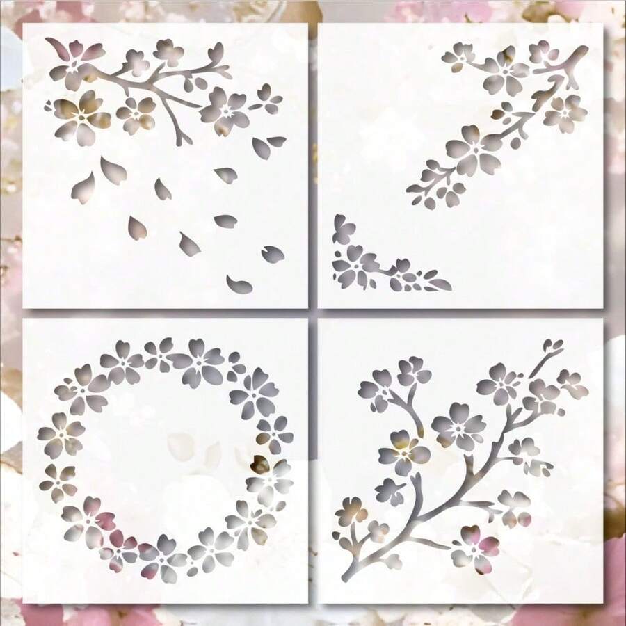 4 件装可重复使用的樱花图案绘画模板,适用于家具、布料、DIY 手工艺品、家居装饰 - White - 查看 1