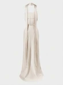 优雅露背休闲性感约会度假婚礼雪纺吊带连衣裙，适合婚礼、度假、夏季、婚宴等场合 - 杏色 - 查看 9