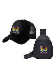 Set de 2 piezas de gorra de béisbol con malla con letra y mochila para niños, gorra deportiva transpirable con protección solar y correa ajustable, bolsa de cintura y bolso cruzado para viaje para niños de 3 a 12 años - Negro - Ver 9