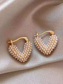 2pcs Heart-Shaped Faux Pearl Earrings, Elegant Gift Suitable For Women's Daily Wear - White - View 1