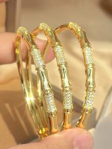 Bộ 1/2/3 vòng tay mạ vàng 18K chống phai màu, sang trọng, kiểu dáng nút tre, đính đá Zirconia, phù hợp cho nữ giới đeo hàng ngày, thích hợp cho tiệc tùng, hẹn hò, đi biển, Ngày của Mẹ, Ngày Valentine, mùa xuân, đám cưới và các dịp khác. - Vàng - Xem 4
