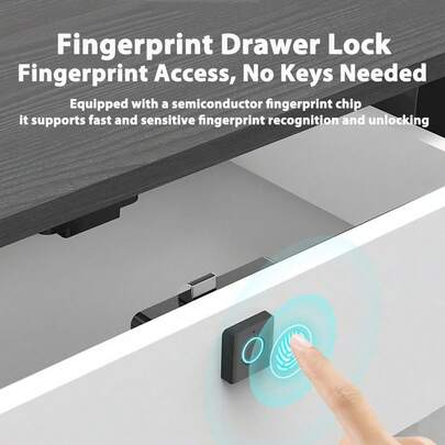指纹抽屉锁 - 无钥匙解锁，设计小巧时尚，安装简便，适用于家用橱柜、鞋柜、文件柜和木制抽屉，电池供电（不含3节AAA电池）