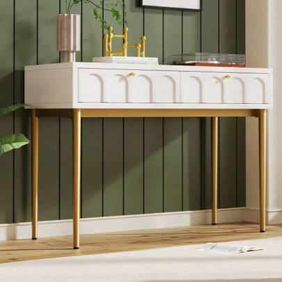 Schminktisch Mit 2 Schubladen 76.5cm Höhe ,Kommode Schlafzimmer Highboard Weiss Sideboard Schubladenkommode Kommode Für Schlafzimmer, Creme-Weiß -H76.5/B100/T45 Cm