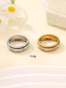 2pcs Stainless Steel Minimalist Gold & Silver Rotatable Ring Set, Inlaid With White Diamonds, Suitable For Women's Daily Wear Or Gift - Multicolor - View 4