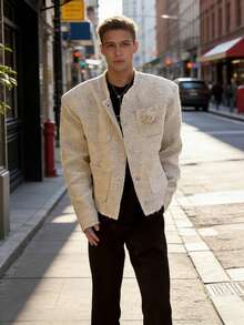 European And American Style Spring And Autumn Winter Fragrance-Themed Frayed Edge Jacket For Men, Niche Rose Brooch Design, Stylish Tweed Coat - Màu kaki trắng - Xem 4