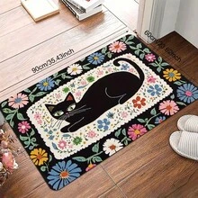 1件装黑色猫咪与彩色花卉趣味创意门垫 - 入口地毯 - 适用于厨房、浴室、门廊、客厅、酒吧、咖啡馆等场所，时尚家居装饰门垫，小地毯，迎宾垫，地毯，地垫，户外门垫，厨房地毯，家居装饰，前门垫，小地毯，户外垫，家居装饰，地毯，花园地毯，可水洗地毯 - 多色 - 查看 5