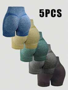 5PCS High-Waisted Solid Color Hip-Lifting Elastic Sports Shorts, Women's Sportswear Running Seamless Yoga Cycling Women's Sportswear Yoga Shorts Hiking, Fashionable Sportswear/Elastic Fabric, High-Waisted Shorts - 彩色 - 查看 18
