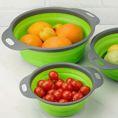1 Set Colador de cocina redondo, viene con embudo plegable, mango de plástico, material de silicona, adecuado para la cocina. Excelente para escurrir pasta, verduras y frutas, colador multiusos para frutas y verduras (verde, rojo, azul)