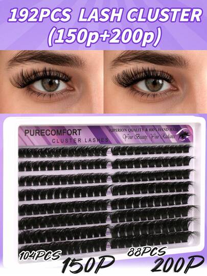Himirell 192片混合密度假睫毛簇，150D/200D C/D卷度，轻盈蓬松，DIY嫁接睫毛，超柔软轻盈，可重复使用，单根假睫毛，纤细柔韧，舒适贴合，持久自然妆效，完美适用于日常佩戴、音乐节、婚礼派对、旅行度假、演唱会、约会之夜等场合。