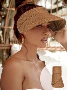 3pcs Adjustable Raffia Sun Hat, Unisex UV Protection Foldable Wide Brim Hat, Casual Versatile Bohemian Retro Elegant Style, Spring/Summer Raffia Sun Hat, Khaki - A - View 1