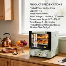 DON FELIZ 15L Compact Electric Oven, 800W, Adjustable Temperature 0-250°C And 60-Minute Timer, Mini Oven With Tray And Rack, White And Green Design. Ideal For Small Kitchens - Phích cắm loại EU E (220-240V) - Xem 8