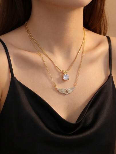 1 Set Women's Luxury Silver Layered Diamond Necklace Set - V-Shaped Round Cut Clear White Diamond Design With Angel Wing Pendant Jewelry, Suitable For Office Commuters, Daily Work, Evening Party, Valentine's Day, Birthday Gift For Her Best Friend, Wedding Engagement Anniversary Romantic Elegant Refined Necklace