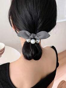 1pc French Pearl Bow Hair Scrunchie, High Elasticity Durable Hair Tie For Women, Ponytail, Rabbit Ears Hair Tie - Grey - View 2