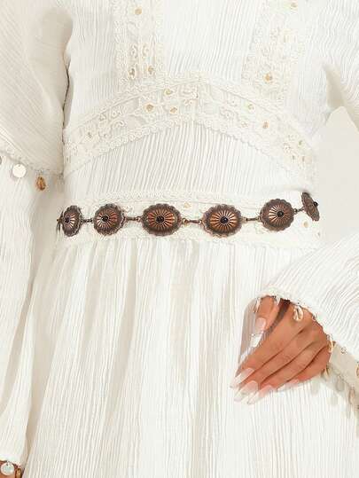 2026新款复古黑绿松石镶嵌银质金属腰链，百搭服饰配饰