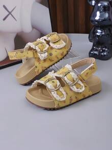 新款夏季凉鞋，时尚沙滩拖鞋，厚底舒适柔软露趾女童鞋 - 黃色 - 查看 2