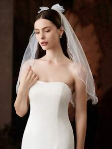 1pc Bow & Pearl Decor Bridal Wedding Short Veil, Simple Design - Beige - View 2