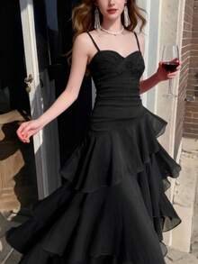 Đầm hai dây xếp ly bất đối xứng thanh lịch, thích hợp cho tiệc tùng, dạ hội, sinh nhật, đám cưới, mùa xuân/hè. Màu đen. - màu đen - Xem 4