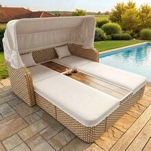 Outdoor Wicker Double Chaise Lounge With Adjustable Canopy 5-Position Reclining Backrests Built-In Cup Holders For Patio And Poolside - Beige - View 7