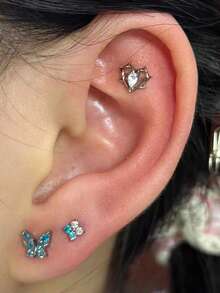 1 件装 CZ 马眼形心形方形月亮星形耳软骨耳廓耳屏耳钉 16g G23 植入式钛金属内螺纹锆石铺镶平底唇鼻唇钉穿刺饰品 男女通用 日常优雅 - 鈦本色 - 查看 3