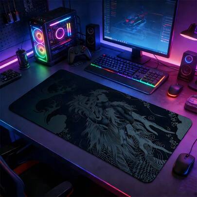 YUFZX 中国龙图案深绿色超大加长游戏鼠标垫，大号桌面垫，防滑橡胶底座，锁边缝制，可水洗，适用于游戏、家庭办公环境，是游戏玩家和中国艺术美学爱好者的理想礼物。