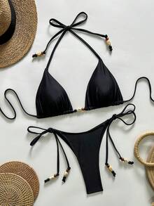 女士休闲系带细肩带比基尼套装，露背上衣和系带下装，饰有串珠，适合度假沙滩穿着，黑色夏季款 - 黑色 - 查看 1