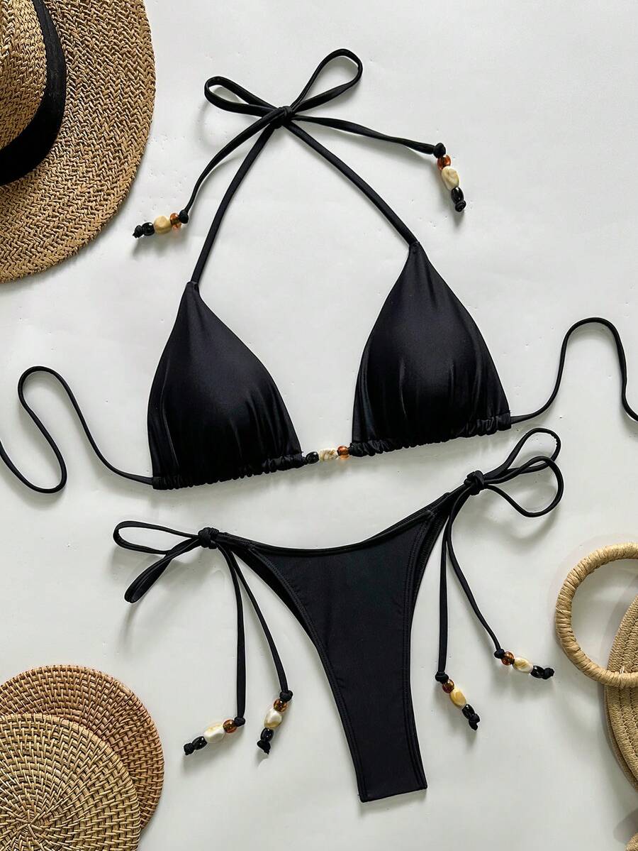 女士休闲系带细肩带比基尼套装，露背上衣和系带下装，饰有串珠，适合度假沙滩穿着，黑色夏季款 - 黑色 - 查看 1