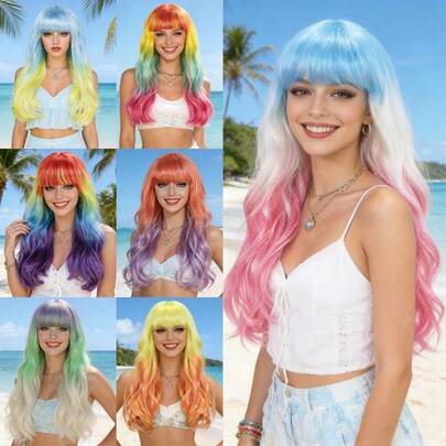 夏日多巴胺炫彩长款波浪假发，带刘海，渐变波浪造型，完美适用于夏季海滩、派对、音乐节、角色扮演、Y2K、K-POP 和日常佩戴