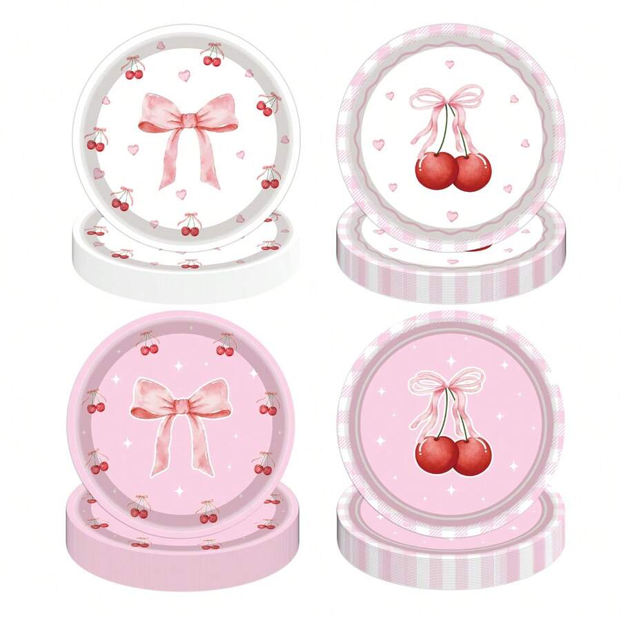 12/24/32 Peças Pratos de Papel Descartáveis com Laço Rosa Cereja Fofos e Estéticos para Festa de Aniversário de Menina, Despedida de Solteira, Chá de Panela, Chá de Bebê, Festa de Noivado, Festa de Casamento, Tema Fofo, Festa com Laço Rosa, Festa de Cereja, Festa de Menina, Essenciais para Feriados, Formatura de Jardim de Infância - Rosa chiclete - Visão 1