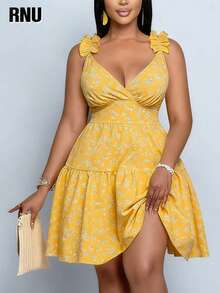 RNU Plus Size Women's Ditsy Floral Ruffle Shoulder Sleeveless Dress, Suitable For Office Commute, Evening Date, Holiday, School, Vacation, Casual Home, Daily Wear, Birthday Party, Formal Dinner, Back To School Party, Singles Party, Travel, Stage Performance And Concert, Afternoon Tea, Country Music Festival, Etc. - Yellow - View 2
