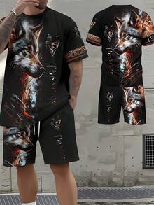 Ensemble chemise à manches courtes et short imprimé loup, mode décontractée pour homme - Couleurs mélangées - Voir 2