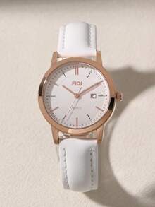 FIDI Women's Quartz Watch, White Leather Strap, Rose Gold Tone Case, 30M Waterproof, Date Display, Minimalist Fashion, Ideal For Casual Elegance - White - View 7