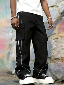 Men's Outdoor Casual Printed Straight Leg Pants, Spring/Autumn Sports - Black - View 1