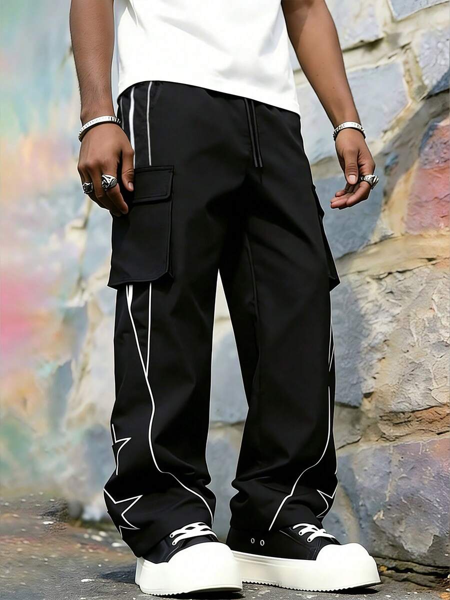 Men's Outdoor Casual Printed Straight Leg Pants, Spring/Autumn Sports - Black - View 1