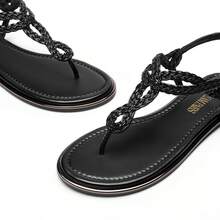 Teenagers Women's Flat Sandals Dressy Summer Stappy Comfortable Ankle Elastic T-Strap Beach Thong Sandals - 黑色 - 查看 5