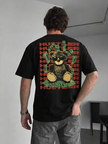 FRACTYR Men's Casual Street Fashion Loose Fit Round Neck Graphic Tee, Summer - Black - View 2