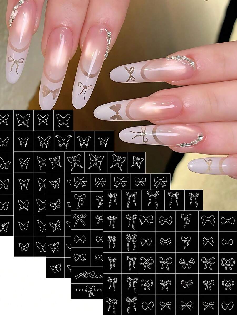 FULL BEAUTY 6件套蝴蝶结镂空印花美甲印花模板模具美甲贴纸Y2K日式喷绘模板美甲贴花美甲配件装饰美甲贴纸 - 彩色 - 查看 1