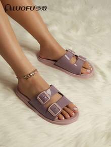 Summer New LUOFU Fashion Women Flat Slippers, Outdoor Beach Slippers, Fashionable Double Buckle Slippers, Indoor Non-Slip Sandals - Pink - View 4