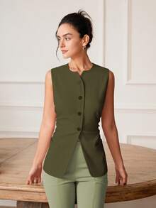 Áo vest không tay ôm sát, thanh lịch, quyến rũ, phong cách cổ điển dành cho nữ, áo croptop công sở thường ngày, thích hợp cho mùa xuân/hè. - Màu xanh lá cây đậm - Xem 7