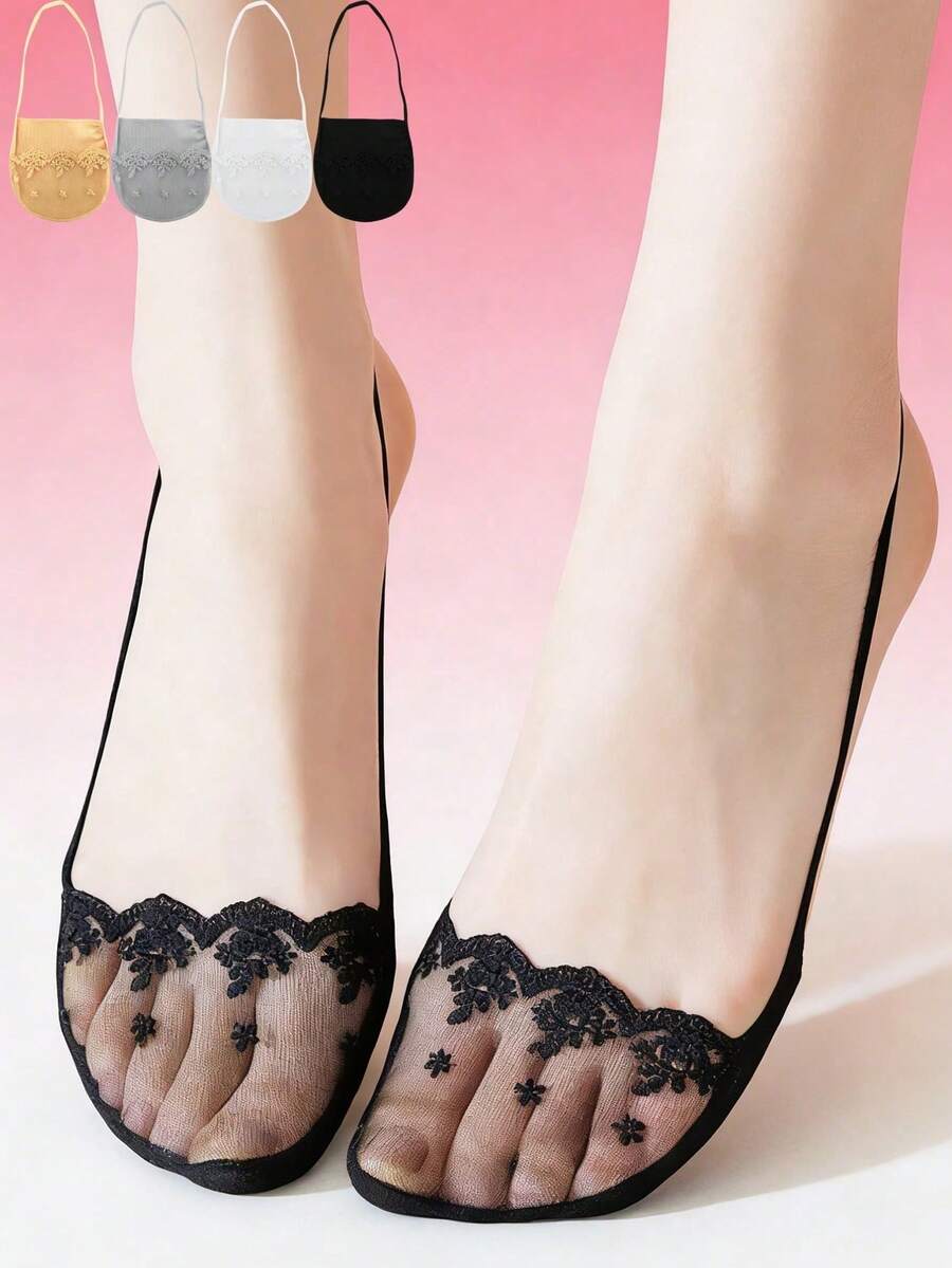 Calcetines de encaje de barco de verano para mujer, calcetines invisibles de malla transpirables, calcetines de dama con bordado de flores y cordones - Multicolor - Ver 1