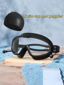 成人游泳装备，舒适防摩擦防水干发男女通用泳帽泳镜套装，硅胶游泳用品 - A - 查看 3