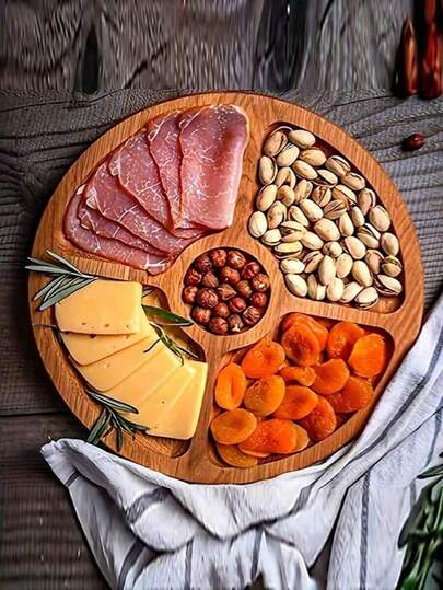 1pc Wooden Snack Plate, Serving Tray, Cheese Board, Multi-Purpose Platter, Kitchen Accessory, Candy Dish, Thick Round Tray, Display For Snacks, Fruits, Cheese, Home Decor, Coffee Table, Reusable, Ramadan Decoration, Wedding Supplies, New Year Gift, Valentine's Day Gift
