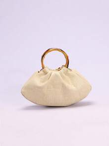1 pieza Bolso de tote con asa de bambú, estilo de vacaciones, con patrón de hojas de malla de contraste con lentejuelas florales de colores, fondo de lino, adecuado para playa y ocio de verano (patrón de lentejuelas florales distribuido aleatoriamente) - Multicolor - Ver 6