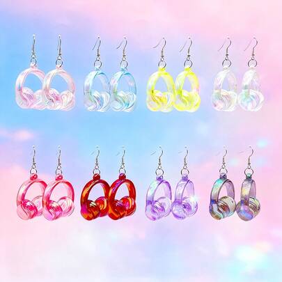 1对树脂卡通耳塞吊坠耳环，亚克力透明电镀彩色简约夸张耳环，适合女性日常佩戴、送礼、节日、派对、时尚配饰