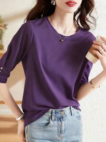 纽扣设计休闲中袖上衣，新款夏季时尚百搭圆领半袖T恤，女士修身款 - 紫色 - 查看 4